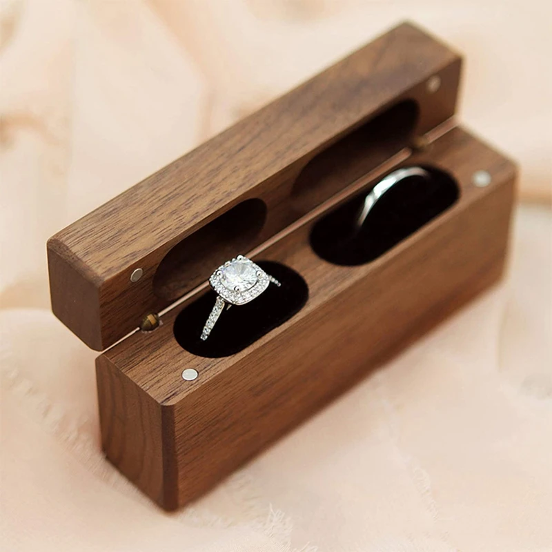 Ring Box for Wedding Ceremony Wooden Double Ring Bearer Holder for Wedding Engagement Jewelry Boxes Walnut Holder