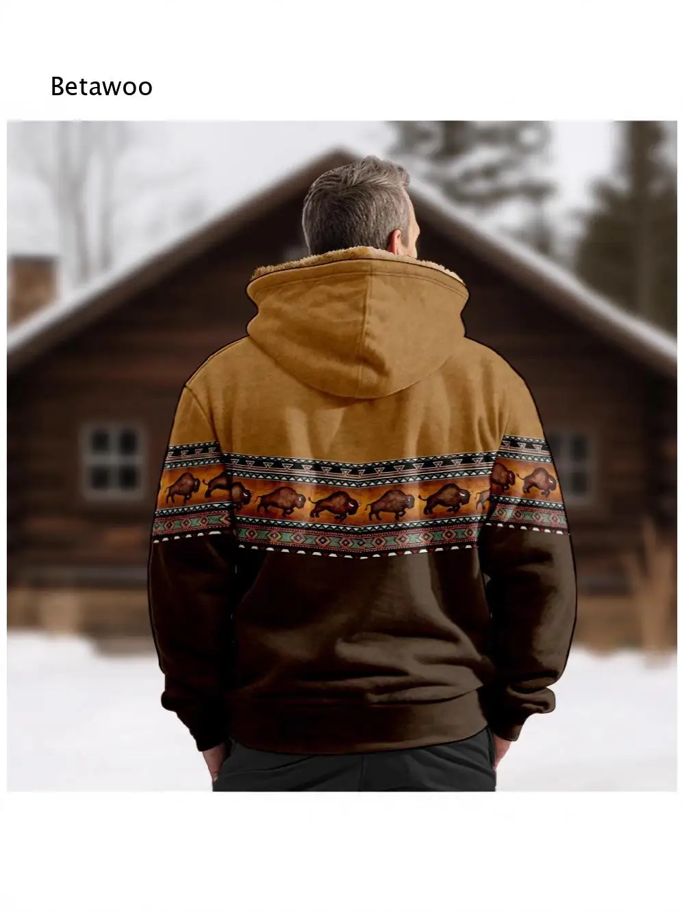 Men American Vintage Hooded Padded Jacket Fleece Lined Thick Warm Zip Up Ethnic Print Winter Outerwear for Daily Street Wear