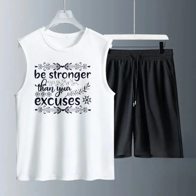 بدلة صدرية رجالية صيفية بدون أكمام مطبوعة Be Stronger بدون أكمام + شورت بدلات عصرية للرجال 	 رياضية للرجل التجفيف السريع