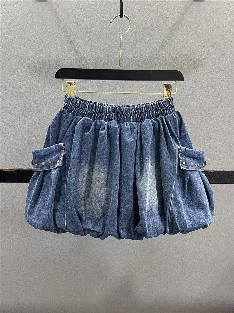 Kimotimo Women Cargo Denim Bubble Skirt 2026 Summer Large Pocket Elastic Waist Slim Fit A-Line Mini Skirt Hot Girl Style