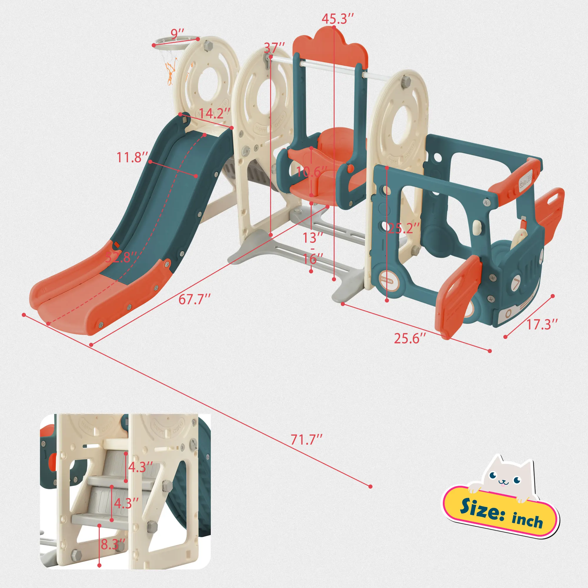 Kinder Swing-n-Slide mit Bus spiels truktur, freistehendes Bus spielzeug mit Rutsche & Schaukel für Kleinkinder, Bus rutsche mit Basketball ho