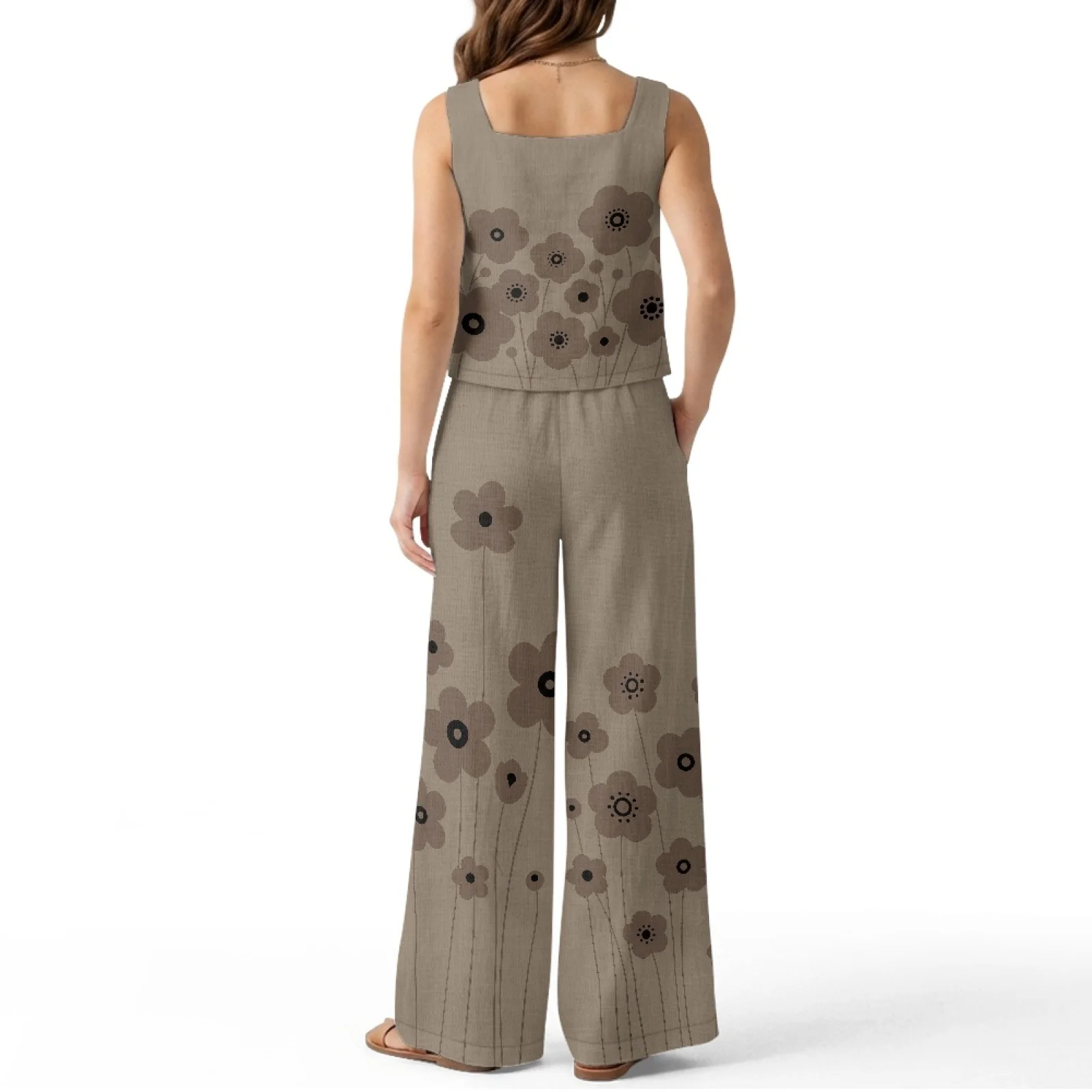 INSTANTARTS Women’s Linen Vest Set Women’s Wide-leg Trousers Lightweight Breathable Soft Comfortable Quick-dry Outfit Flower view 3