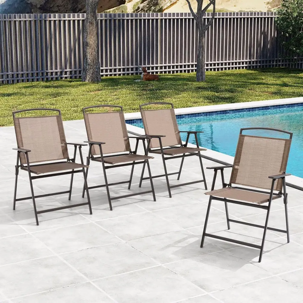 Set o 4 Patio olding Chairs 4-Pack Dining Chairs Outdoor Portable Sling with Armrest or Camping, Beach, Garden, Pool, Backyard,