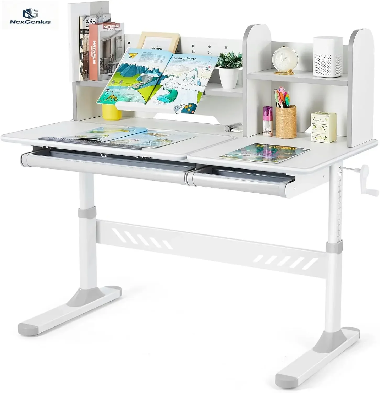Adjustable Kids Desk With Hutch Drawers 47 Inch Wide Multifunction Ergonomic Study Table Tilt Desktop Height Adjustable For Home
