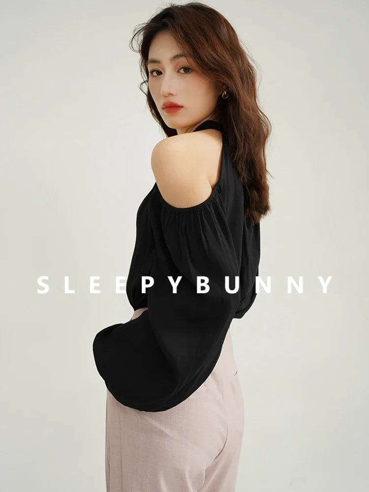Women Hollow Neck Lantern Sleeve Blouse 2025 Spring Autumn Chiffon Off-Shoulder Shirt Stylish Loose Fit Long Sleeve Casual Top