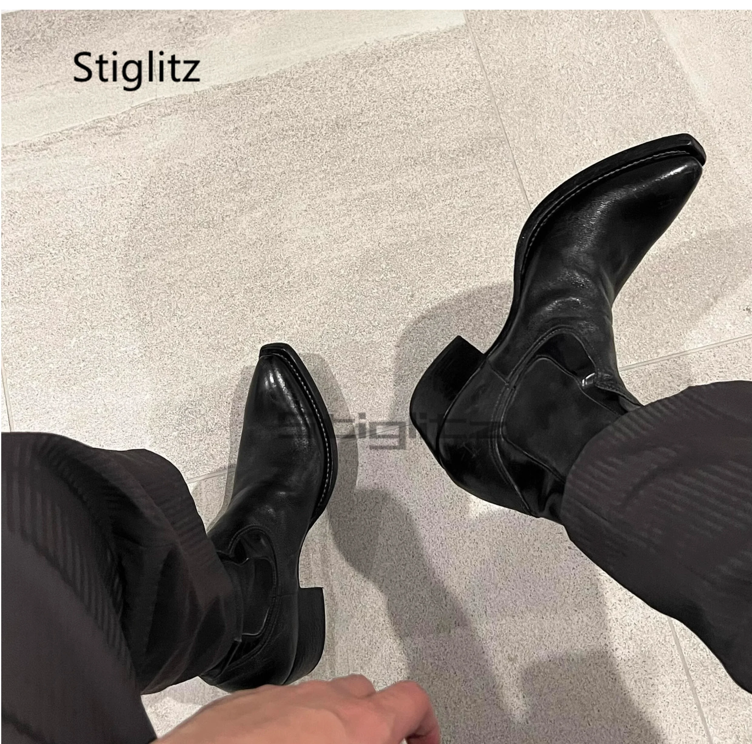 

Men's Women's Upturned Chelsea Boots Retro Workwear Boots Genuine Leather Handcrafted Punk Style Elastic Boots Mid Heel Shoes