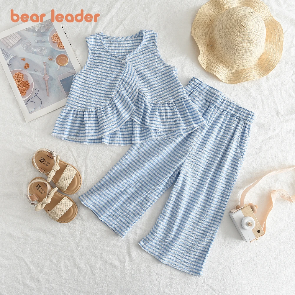 Bear Leader Girls Suit Summer 2023 New Korean Version of The Short-sleeved Bubble Sleeve Shirt + Wide-legged Pants Girls Suit