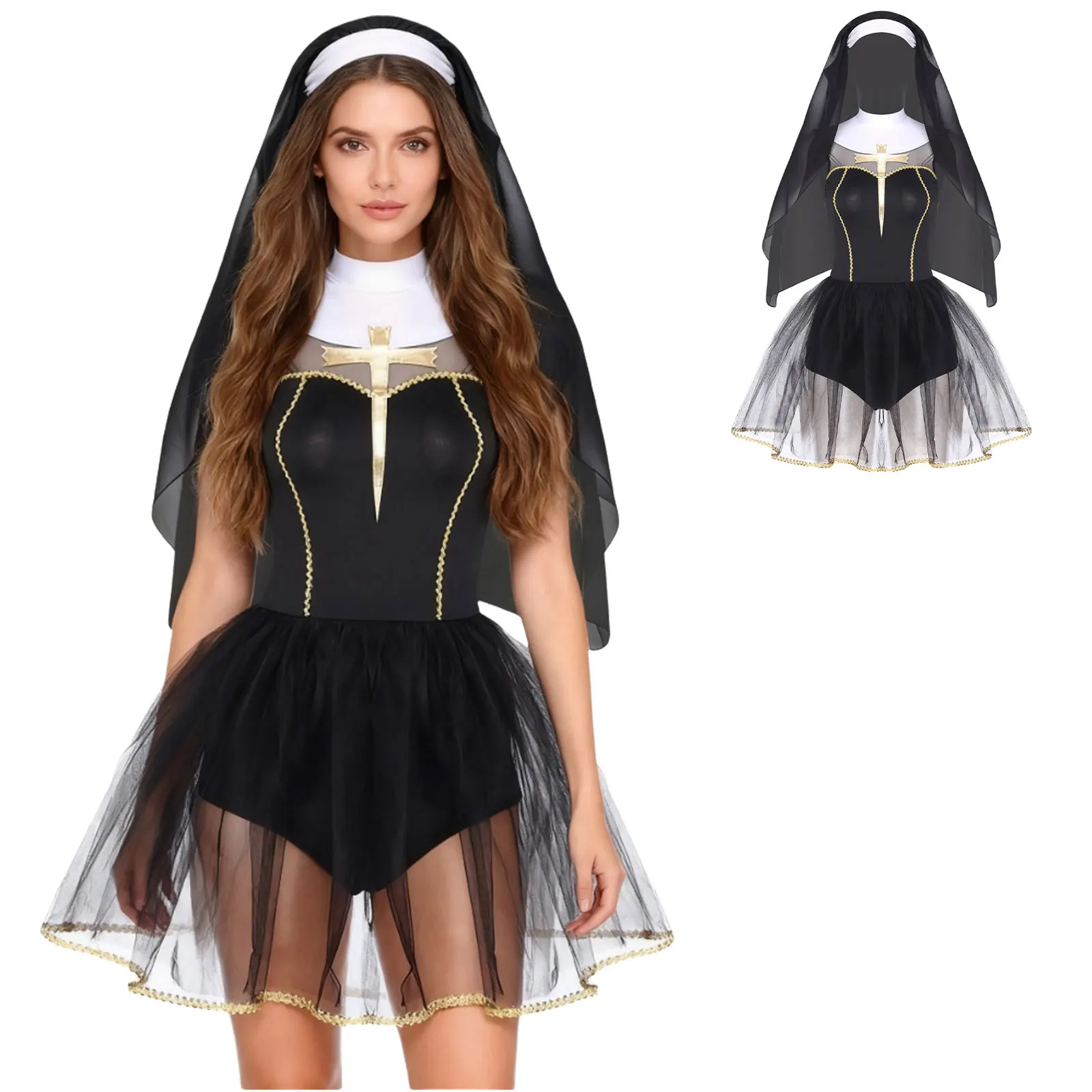 

Women Halloween Nun Sister Clergy Cosplay Dress with Veil Wimple Hood Sets Black Bodysuits Dress for Carnival Nun Role Play Wear