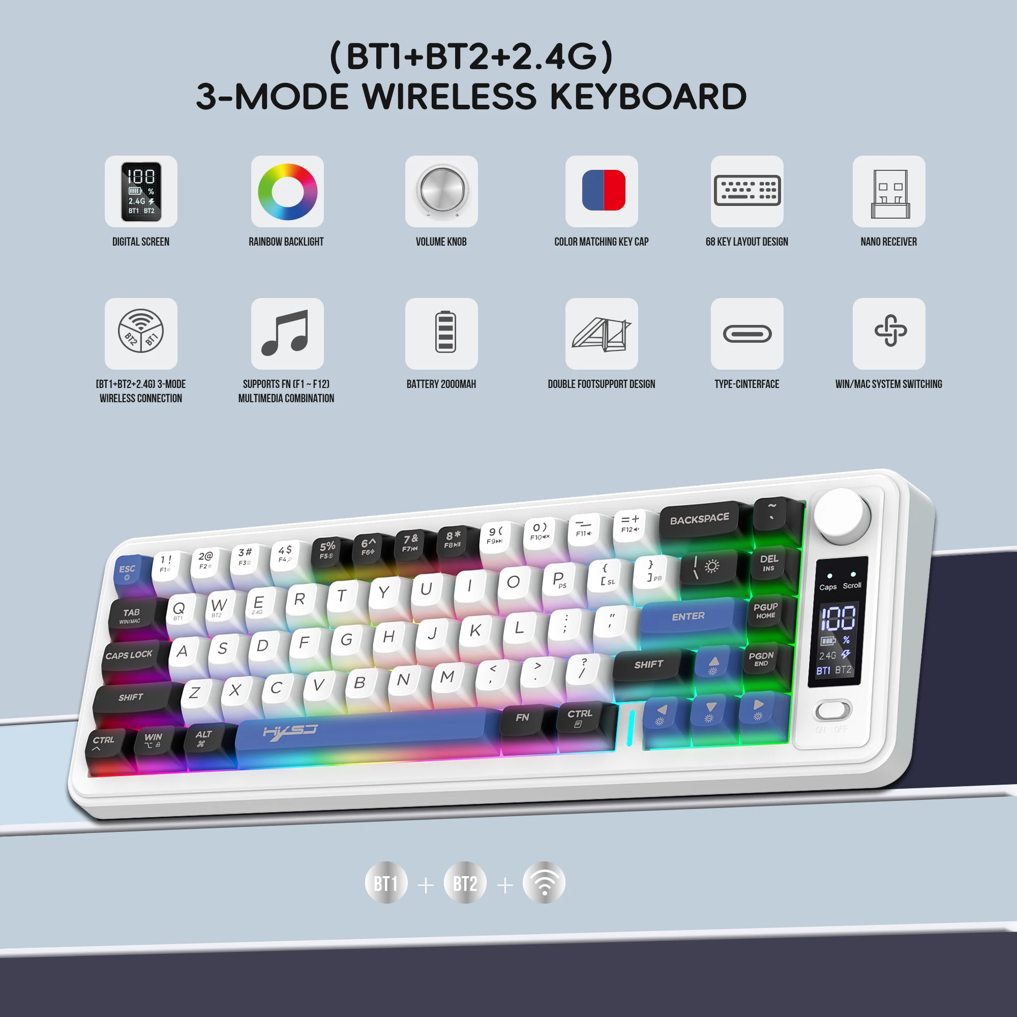 Teclado inalámbrico, perilla de volumen, teclado de modo dual compacto y portátil, perfecto para jugadores de PC/Mac y viajeros de negocios