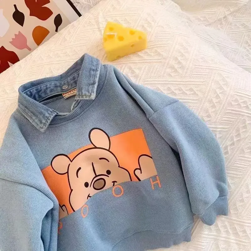 Winnie the Pooh Baby Boys Girls Long Sleeve Sweatshirt 2024 Autumn Children Clothing Cartoon Loose Lapel Pullover Base Shirt Top