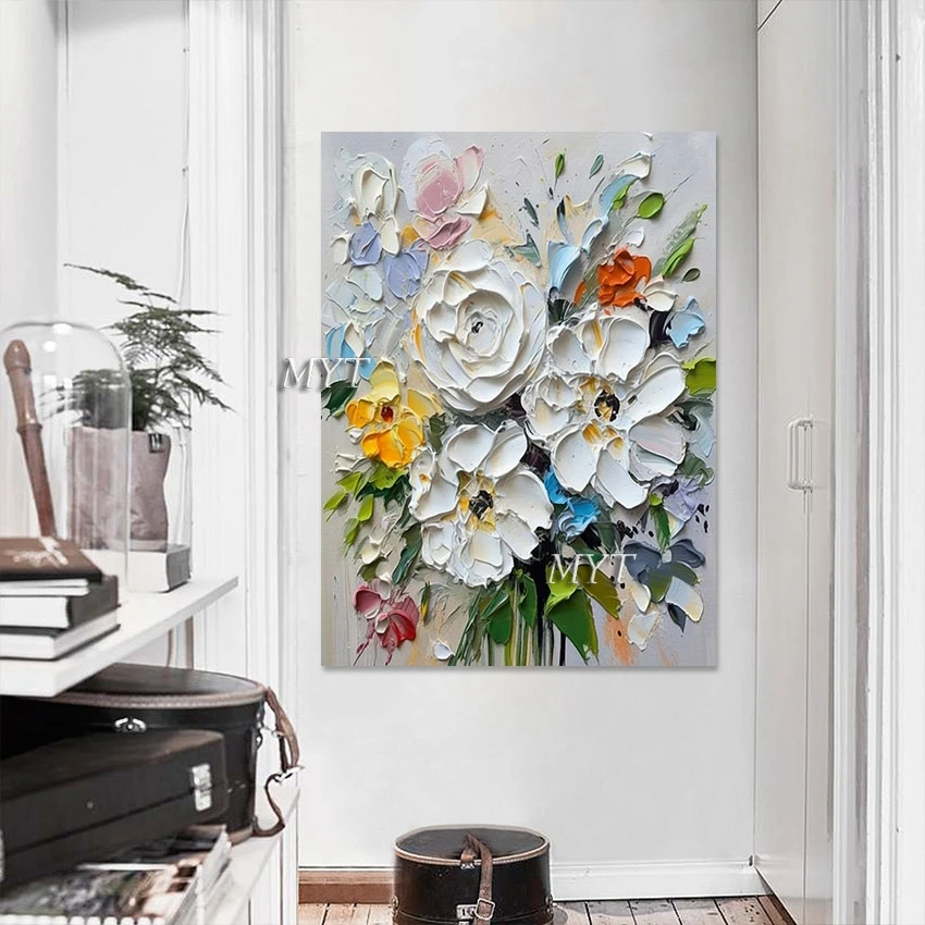 

White Thick Acrylic Textured Art Floral Wall Frameless Modern Decor Palette Knife Oil Painting Abstract Flowers Canvas Picture