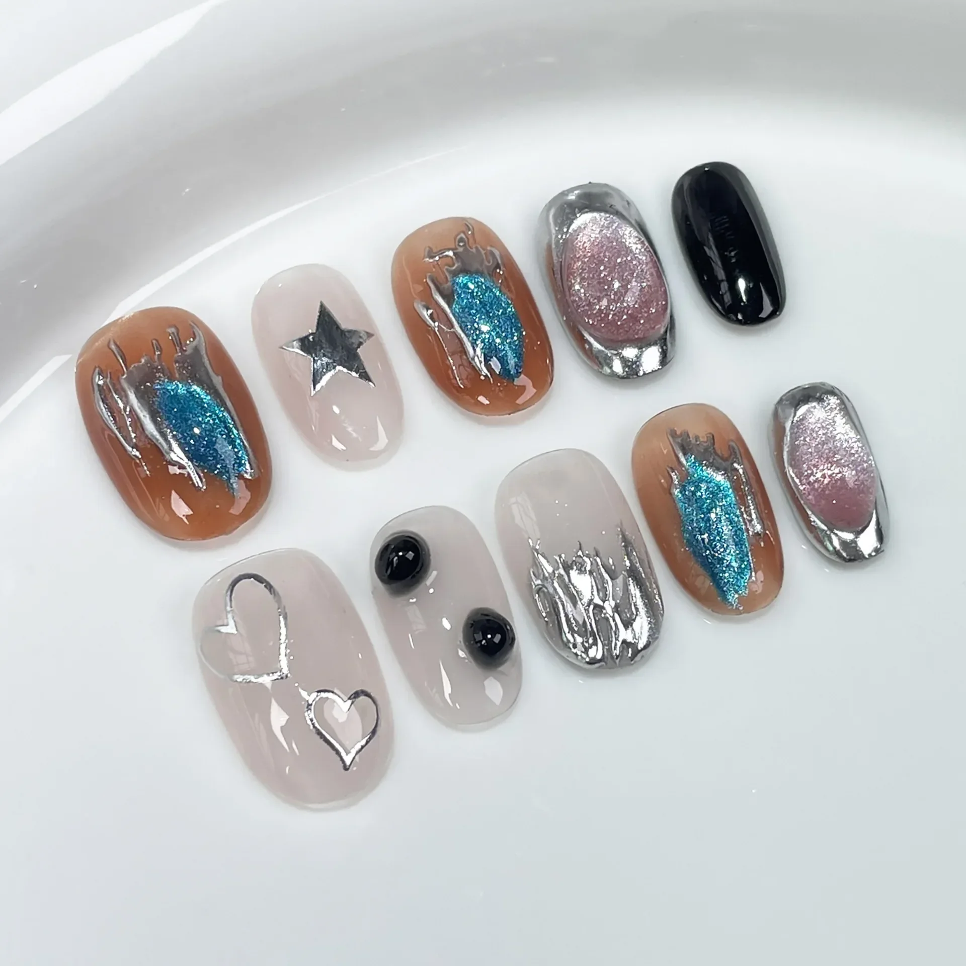 10Pc Short Handmade Press on Nails Explosive Flash Blue Cat Eye Metal Design False Nails Wearable Fake Nail Full Cover Nail Tips