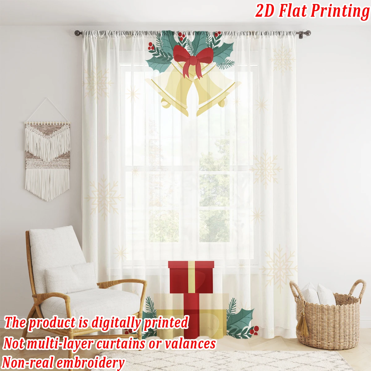 Christmas Flat Printing Sheer Curtain with Mistletoe Gift Box Bell Bow Snowflake for Living Room Bedroom Decor Holiday Party