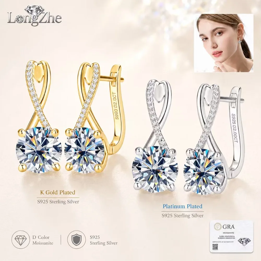 S925 Silver Moissanite Hoop Earrings Women 2CT+2CT Round Stone Huggie Earrings Gold White Chic Jewelry Daily Party Gift