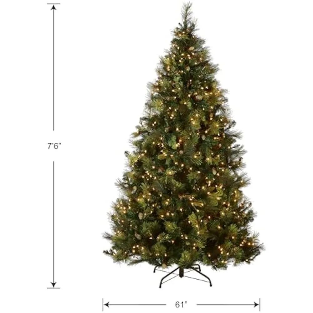 7.5 Foot Artificial Holiday Prelit Christmas Tree w/750 Clear Lights, Pinecones, 1399 Branch Tips，Christmas Tree