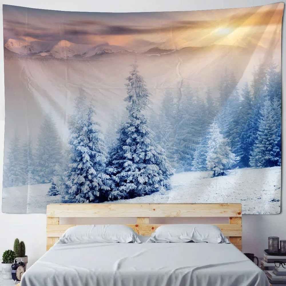 Christmas decoration tapestry, Christmas tree, snow view, fireplace, Christmas gifts, room wall decoration, living room, bedroom