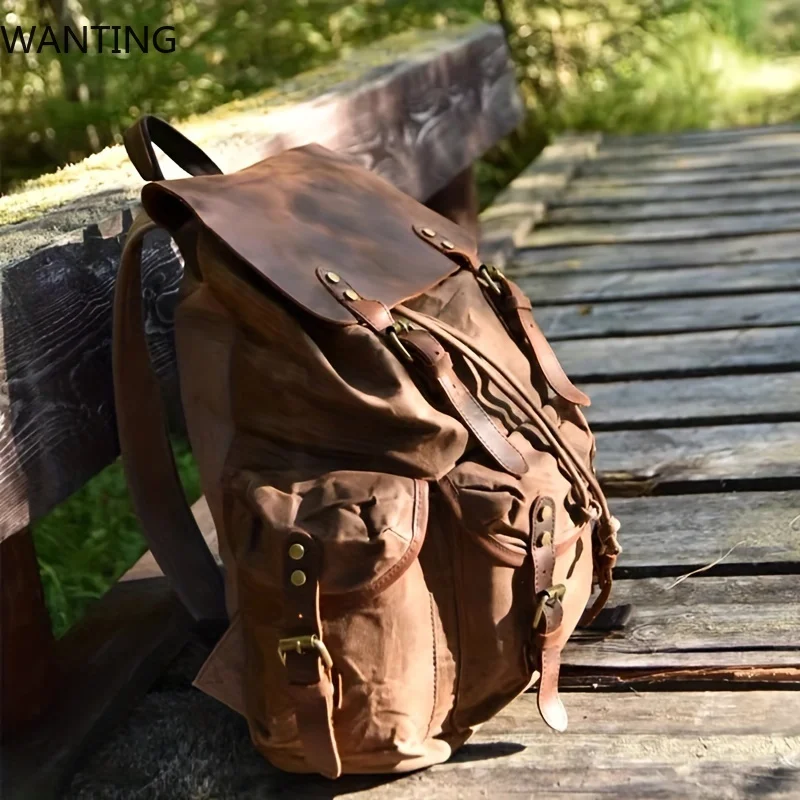 CHCĘ woskowane olejem plecaki podróżne dla studentów o dużej pojemności wodoodporne plecaki na laptopa plecaki ze skóry z czystego bawełnianego płótna