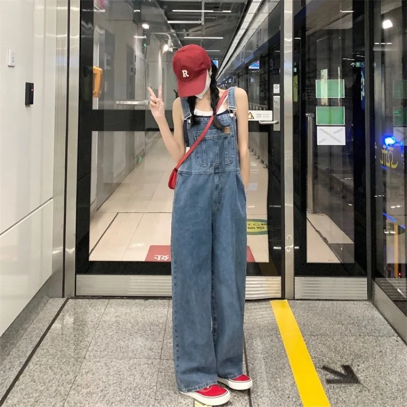 

Thin Denim Overalls for Women Loose Straight Wide Leg Fashion Casual Jeans Petite Friendly for Spring Summer Autumn Daily Wear
