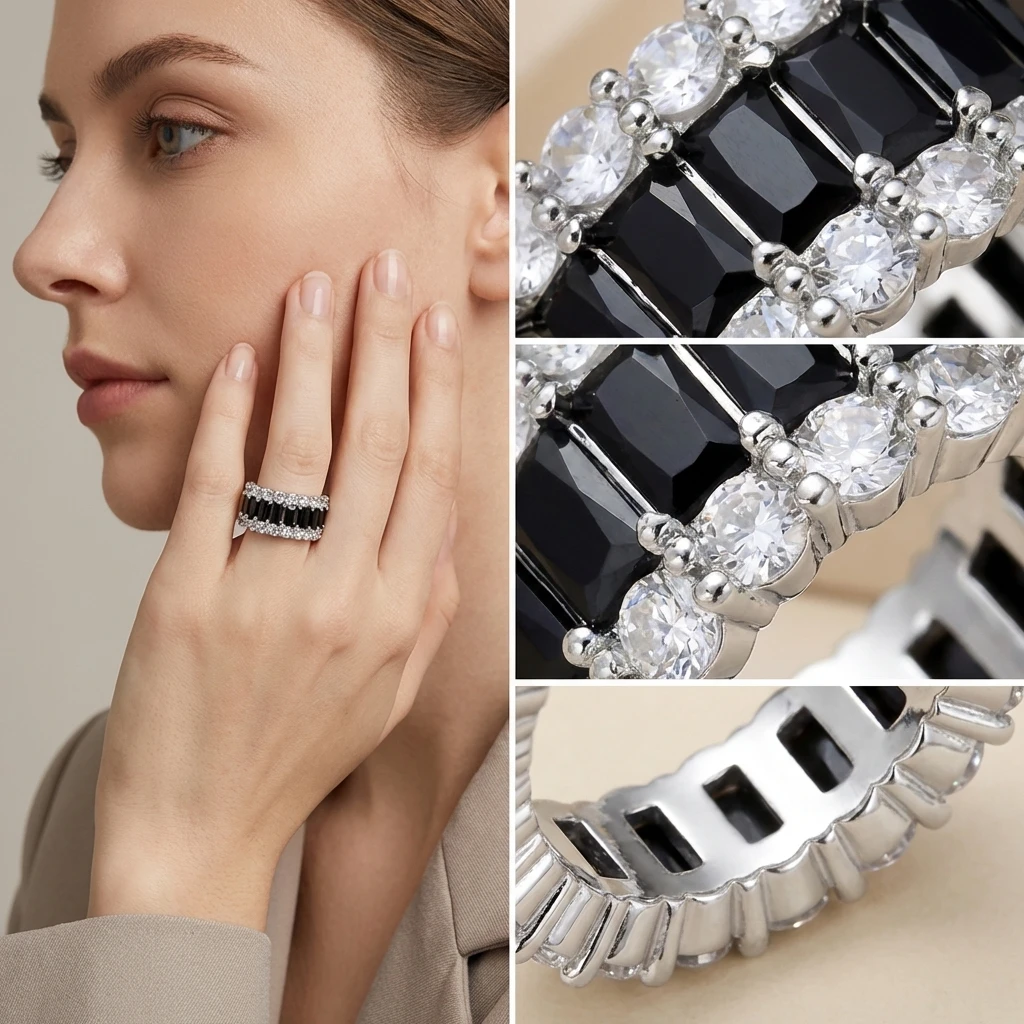 Persönliche Schwarze CZ-Eheringe für Frauen, Luxuriöse Glitzernde Zirkonia-Ringe, Exquisiter Hochzeitsschmuck als Geschenk – Detail 4