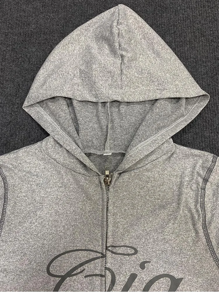 Letter Printed Peplum Casual Long Sleeve Top Street Harajuku Aesthetic Fashion Gothic Vintage Zip Hoodie Y2k Clothing