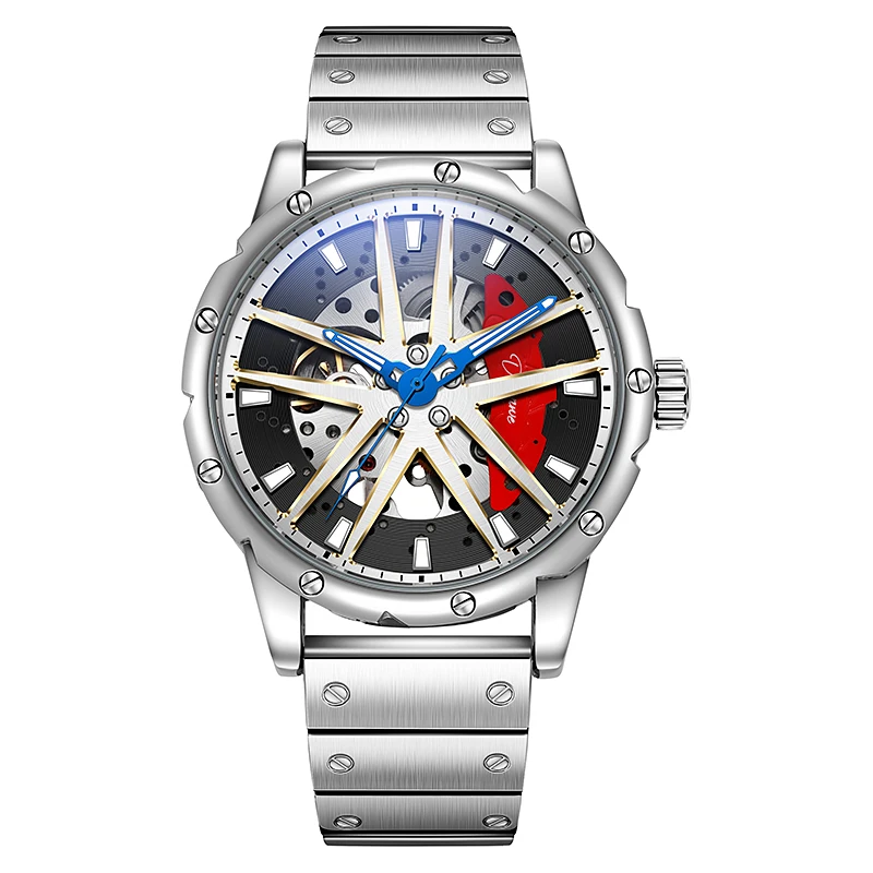 Luxury Mens Automatic Watch Racing Car Wheel Hollow Dial Stainless Steel Band Sport Waterproof Wrist Watch Luminous Male Clock