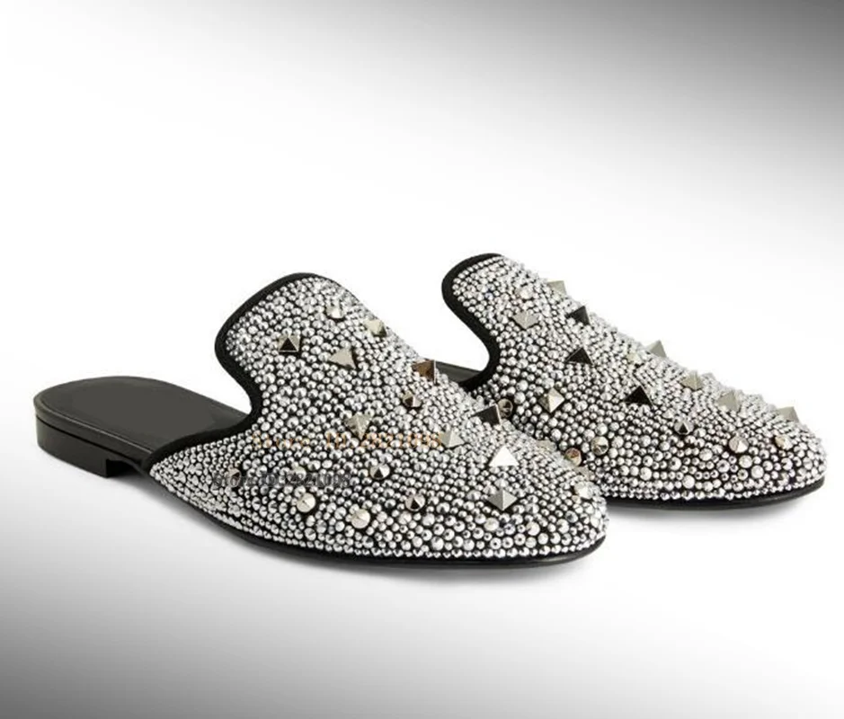 Rhinestone Embroidery and Silver-Coloured Studs Leather Inner Lining Men's Casual Shoes Slip On Male Slippers