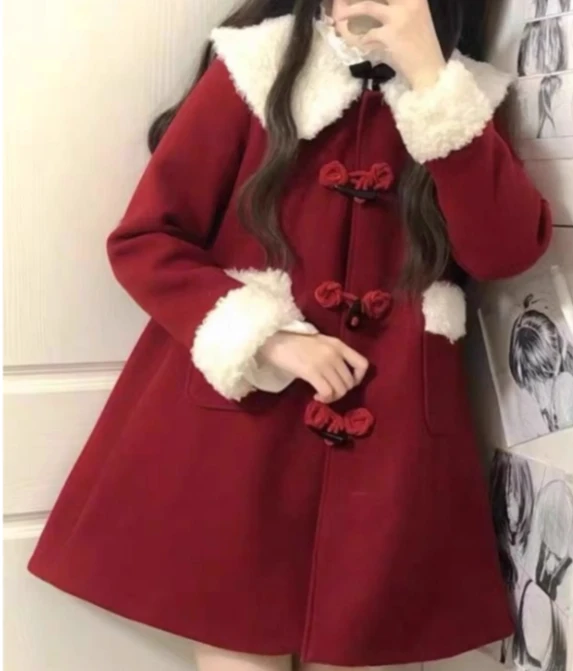 Veste de noël polyvalente en laine à manches longues pour filles, manteau doux à col rabattu, à la mode japonaise, nouvelle collection hiver