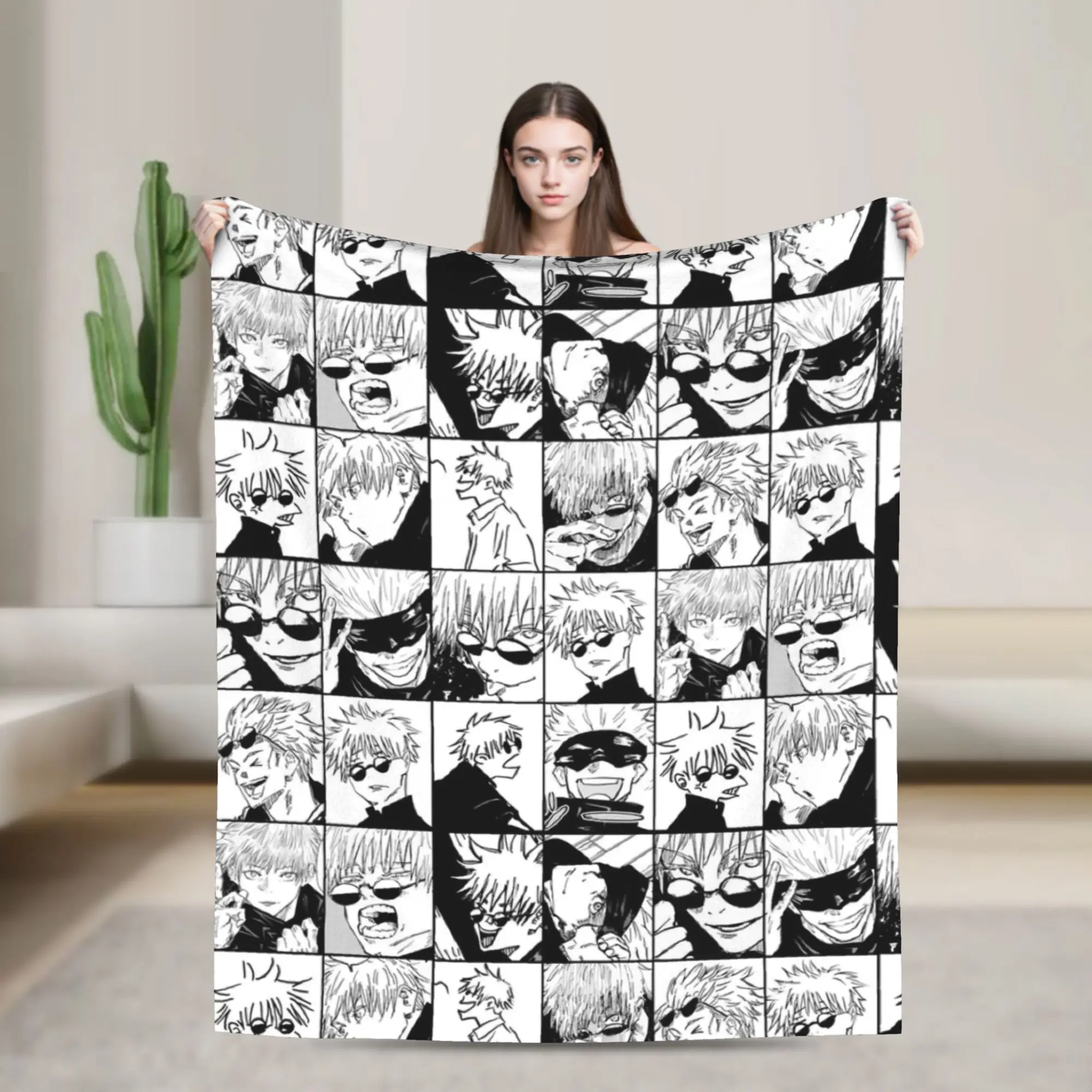 Gojo Satoru Manga Collage Blankets Flannel  Winter Anime Jujutsu Kaisen Soft Throw Blanket for Bedding Outdoor Bedding Throws