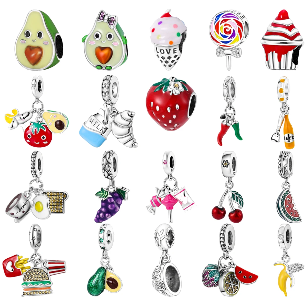 

Original 925 Charms Sterling Silver Avocado Strawberry Grape Cherry Beaded Pendant for Pandora DIY Bracelet Ladies Jewelry Gift