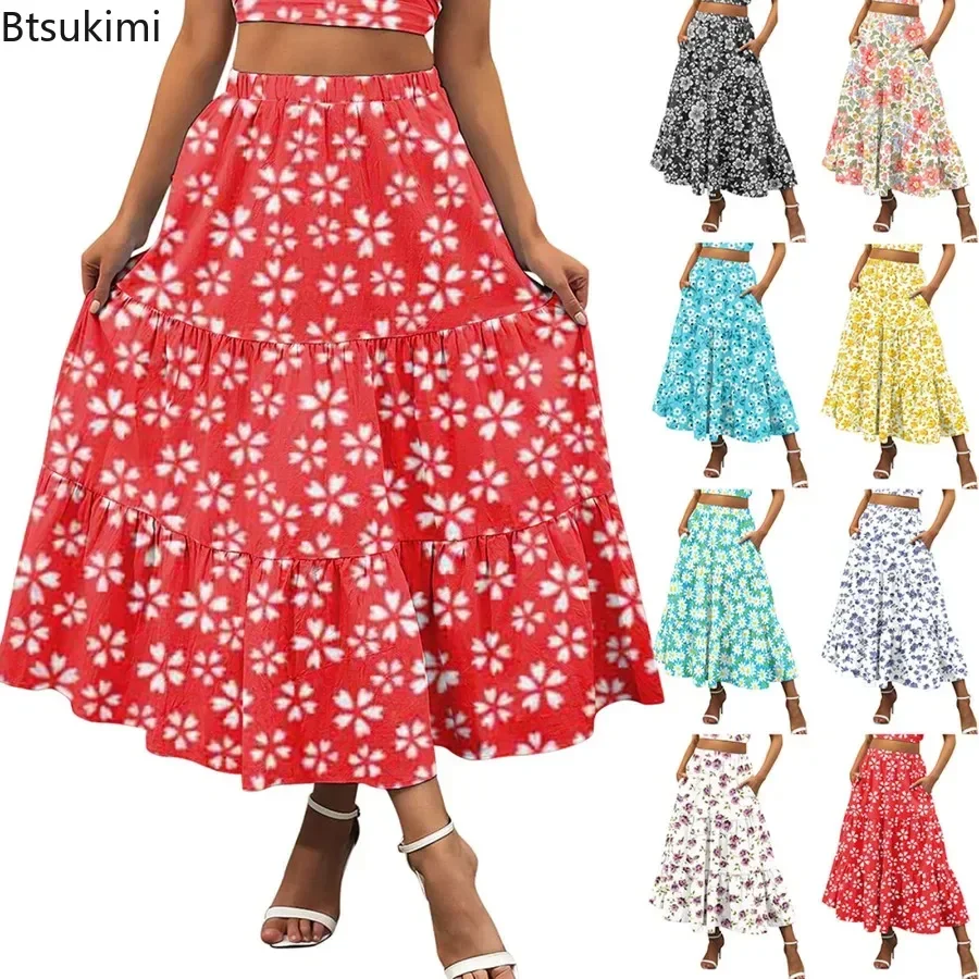 2024 New Women's High Waist Printed Maxi Dress Summer Bohemian Casual Temperament Beach Skirt Females Fashion Pleated Long Skirt european and american fashion elegant temperament loose senior sense of large silhouette shirt printed wide legged pants set