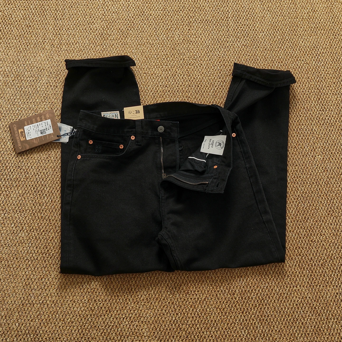 بنطال جينز أمريكي عتيق ذو ساق مستقيمة من قماش الدنيم باللون الأسود الفاخر للرجال - سروال مناسب مريح ثقيل الوزن لخريف/شتاء