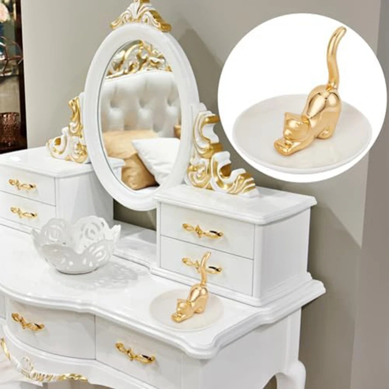 Cats Posture Ring Holder Golden Kitty Tail Dish Jewelry Tray Ring Round Dishes Trinket Tray Ceramic Jewelry Storage Home Durable