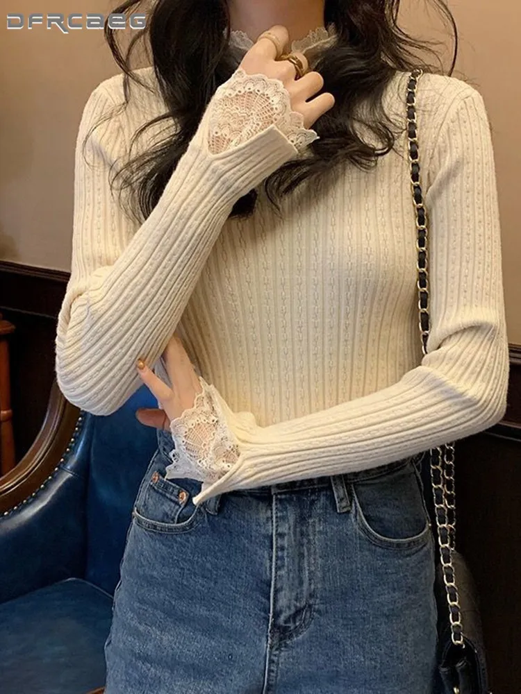 เสื้อไหมพรมผู้หญิงคอเต่าสูง แขนยาว แต่งผ้าลูกไม้ ดีไซน์ใหม่ สำหรับฤดูใบไม้ร่วงและฤดูหนาว เนื้อผ้านุ่ม สวมใส่สบาย