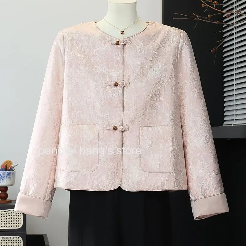 Women Tang Style Round Collar Jacquard Patchwork Cheongsam Top Vintage Button Long Sleeve Elegant Casual Daily Jacket Blouse