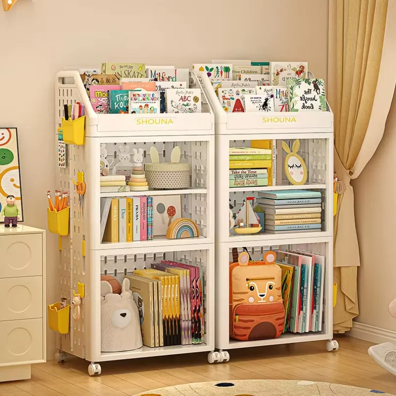 Floor Standing Mobile Pulley Storage Book Rack Plastic Capacity Family Folding Multi-Layer Simple Student Living Room Bookshelf