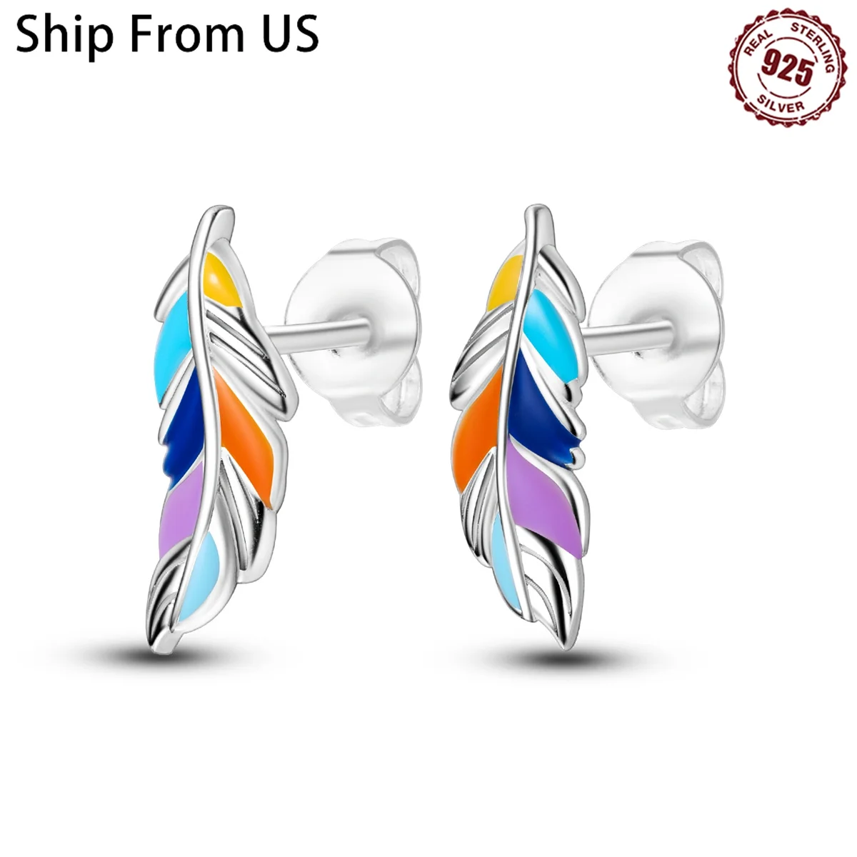 925 Sterling Silver Lucky Symbol Colored Feather Stud Earrings Zircon For Women Exquisite Daily Wear Jewelry Accessories Gifts