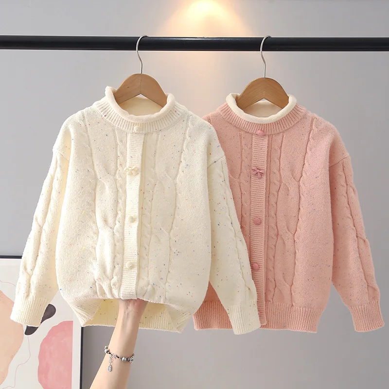 2026 Elegant Speckled Cable-knit Pullover for Kids Girl Stylish Fake Two-piece Clothes with Bow-knot Button Girl Sweater JY07241