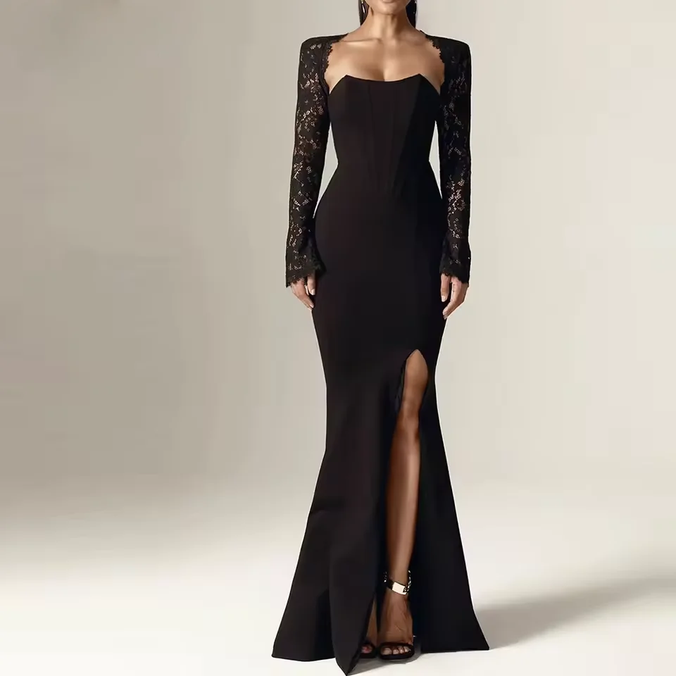 

Customized Modern Black Evening Dresses Detachable Lace Jacket Wedding Guest Dress Elegant Women's Formal Occasion Party Dress