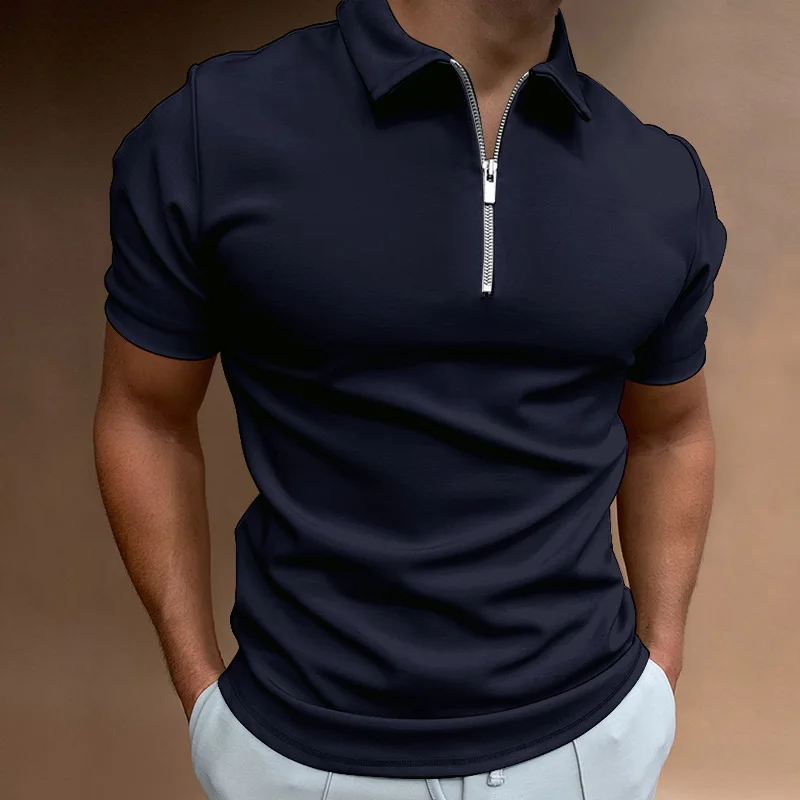 Polo de manga corta con cuello vuelto para hombre, camisetas con cremallera, ropa de calle informal, Tops masculinos, Color sólido, verano, nuevo