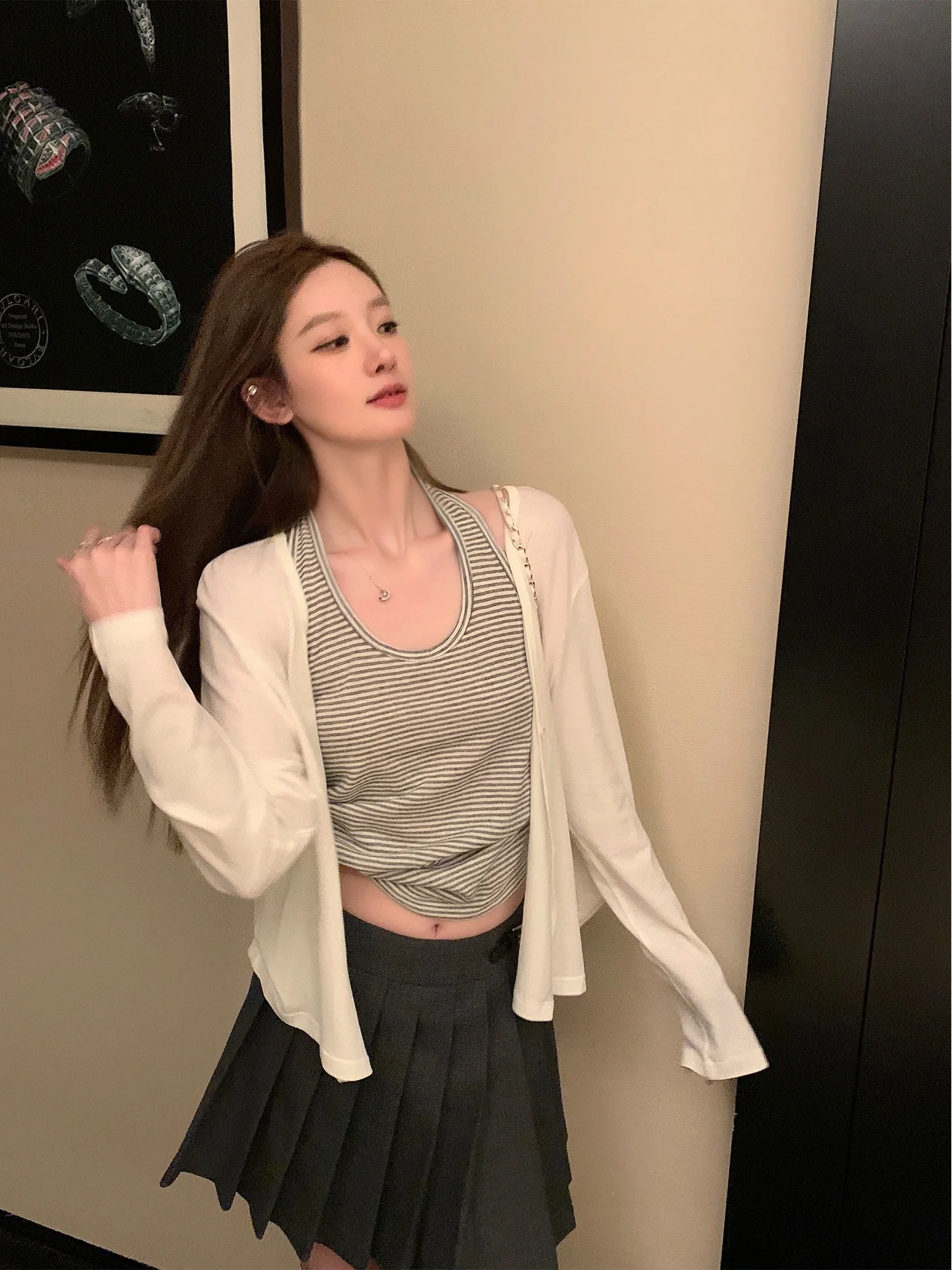 

Fashionable Striped Crop Top And Cardigan Set Women's Spring Summer New Style Sunscreen Long Sleeve High Waist Straight Cut O...