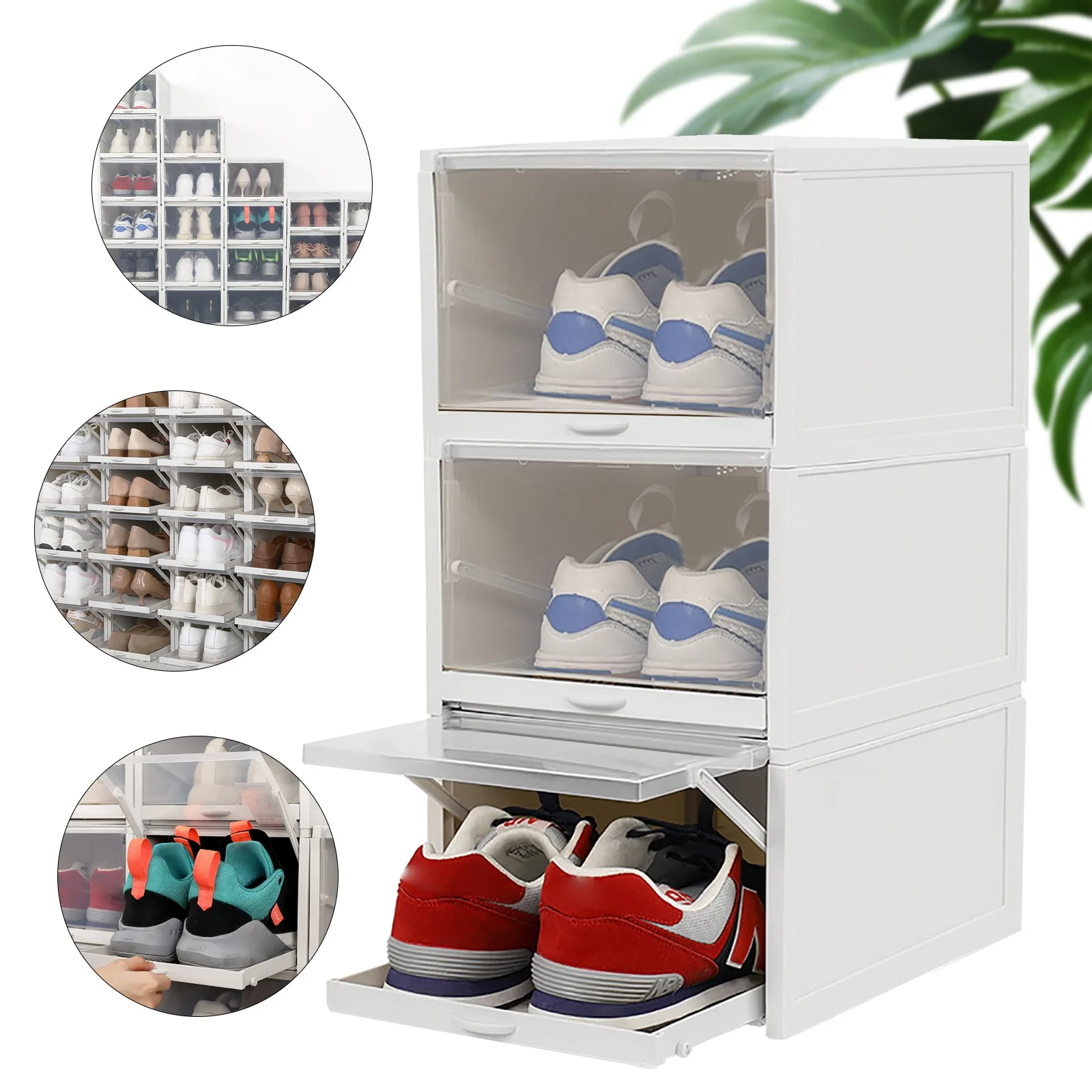 

(Grey) 3 Pack Shoe Boxes, Drawer Type Shoe Storage Box, Plastic Stackable Shoe Organizer, Large Shoe Box, 33.2*25.8*18.3 cm