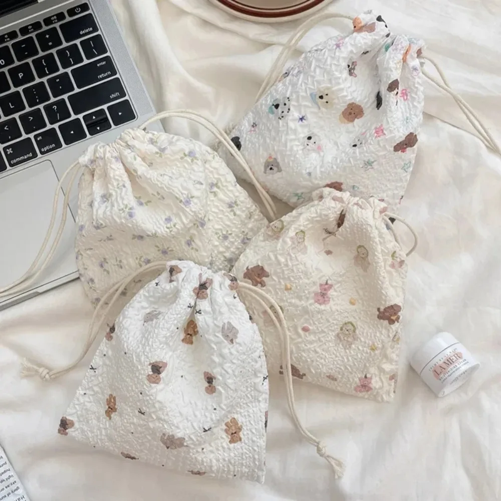 Women Korean Flower Plants Drawstring Cotton Storage Bag Candy White Pink Jewelry Organizer Makeup Cosmetic Coins Keys Bags