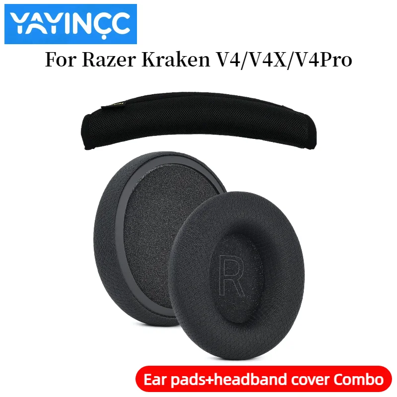 YAYINCC استبدال شبكة/بروتين الجلد بطانة للأذن + سستة عقال غطاء كومبو لسماعات Razer Kraken V4/V4X/V4Pro/Kitty V2 Pro