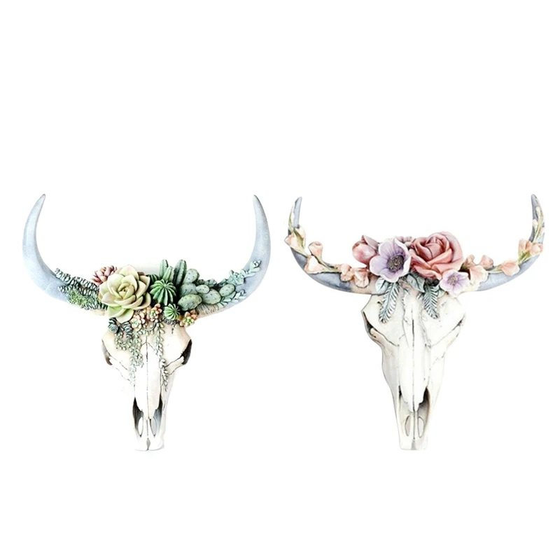 2X Cow Skull Wall Decor Nursery Decor Resin Ornament With Hanging Hole Bull Head Pendant Flower & Succulent