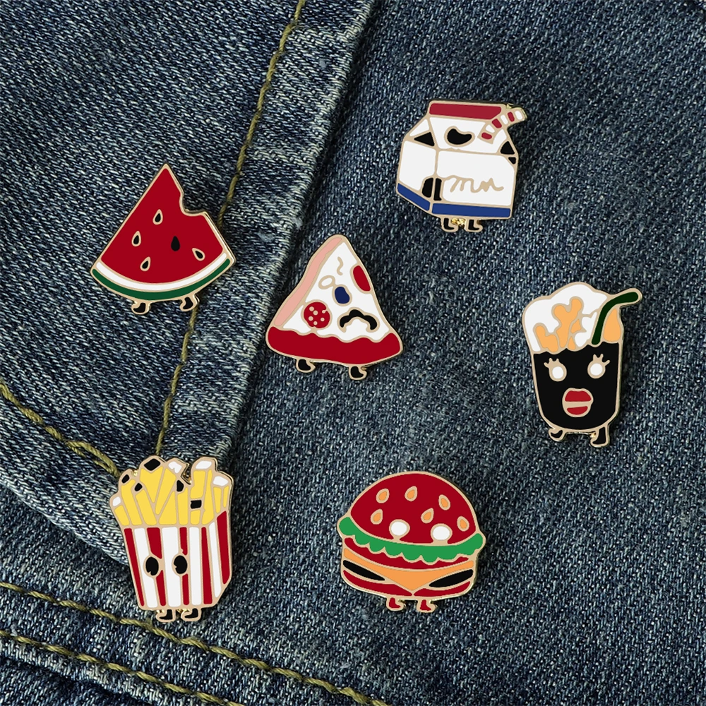 Cartoon Junk Foods Enamel Pins Cute Hamburger Pizza Cola French fries Watermelon Milk Brooch Bag Lapel Badges Jewelry Kids Gifts