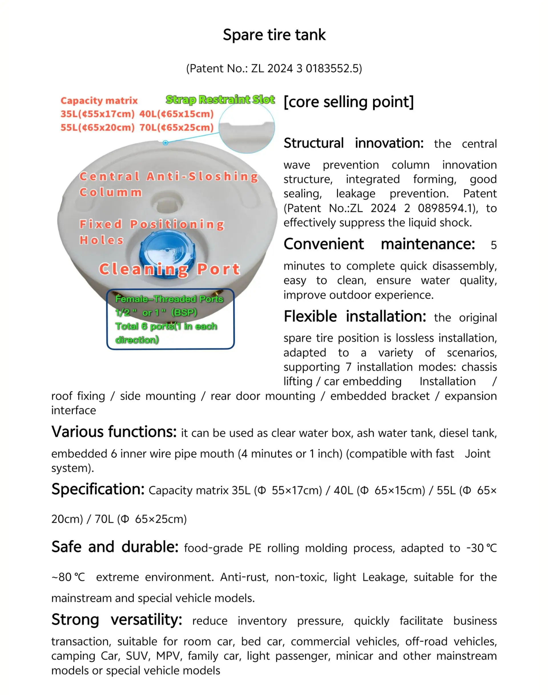 TYTXRV 40L/55L/70L Round Water Tank PE Clean Water Tank for Universally Car Underbody & Rear-mounted Trunk-based Fixing
