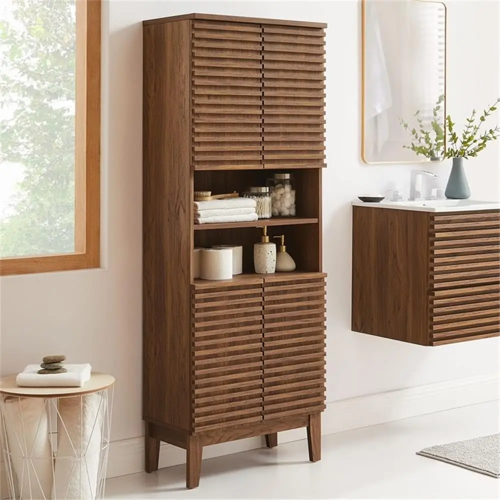 Tall Bathroom Cabinet, Walnut Finish, 63-Inch, Soft-Close Door, Adjustable Shelf, Tapered Leg, Towel Organizer, Customized