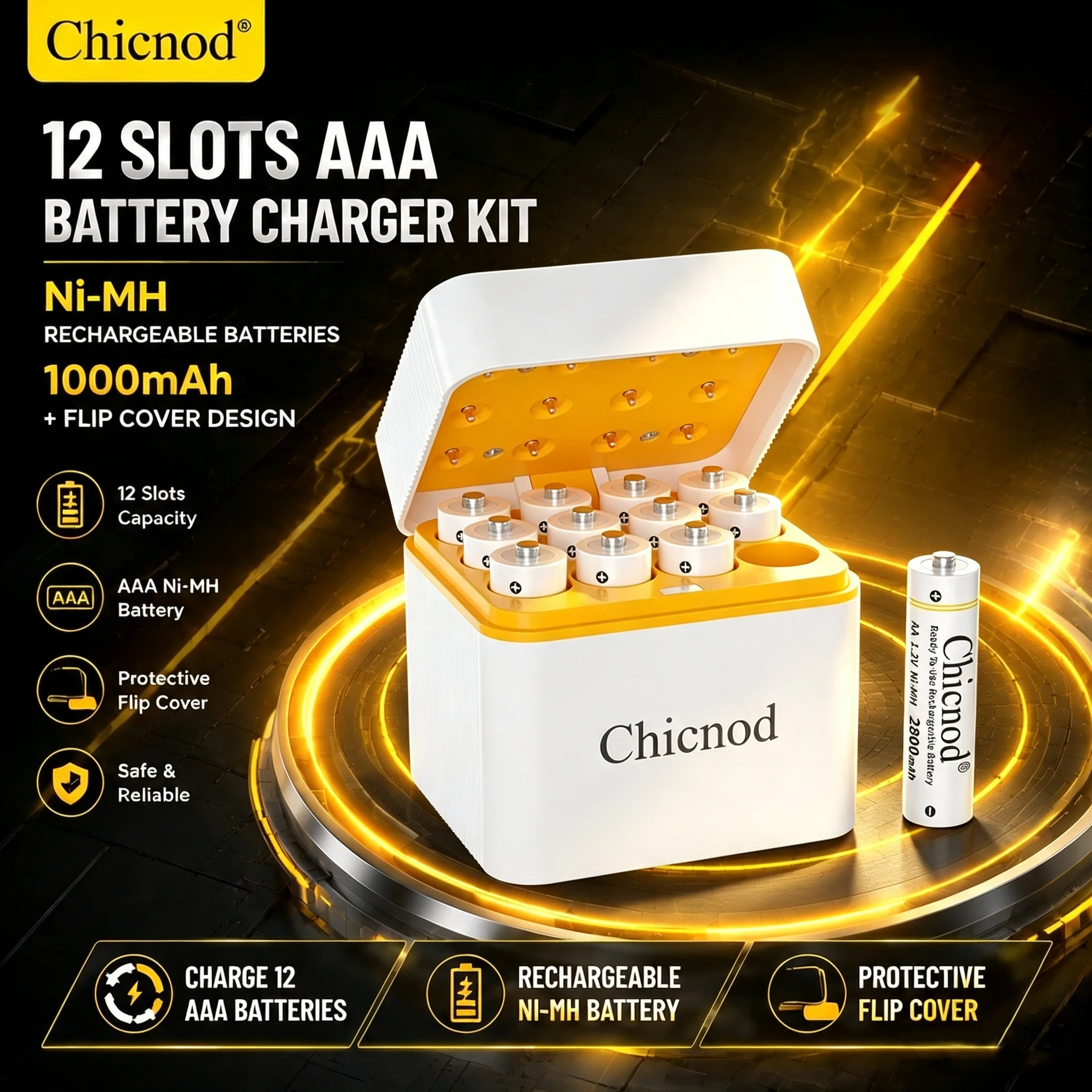 Chicnod PJ-N1211 AA Rechargeable Battery 2800mAh Ni-MH Battery Set with 12 Slot Smart Charger Flip Cover Charging Station