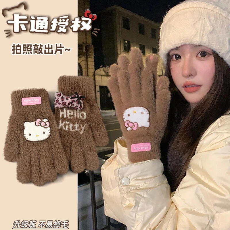 

Warm Knitted Plush Gloves For Women Winter Hello Kitty Touchscreen Compatible Writing Five Finger Design Cycling Cold Resistant