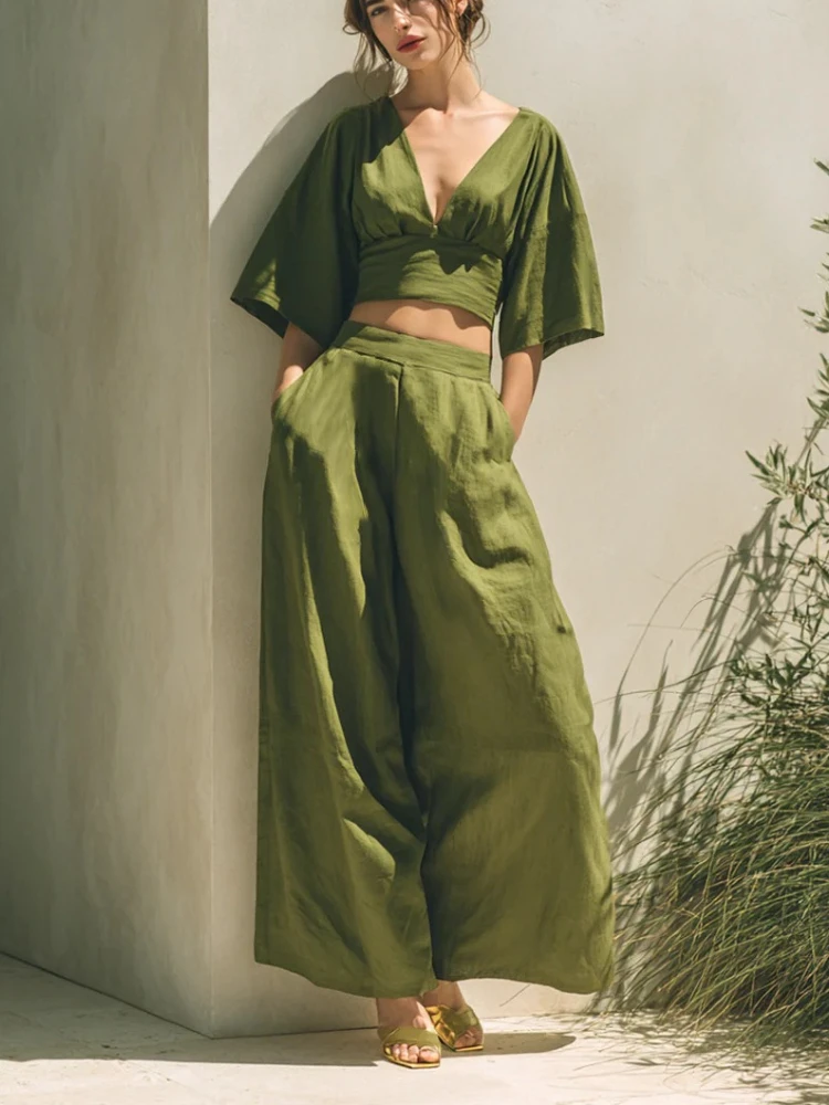 

Solid Loose Casual 2 Pieces Set for Woman Outfit Summer Clothes Vacation Crop Top and Wide Leg Pants Matching Sets Jogging Femme